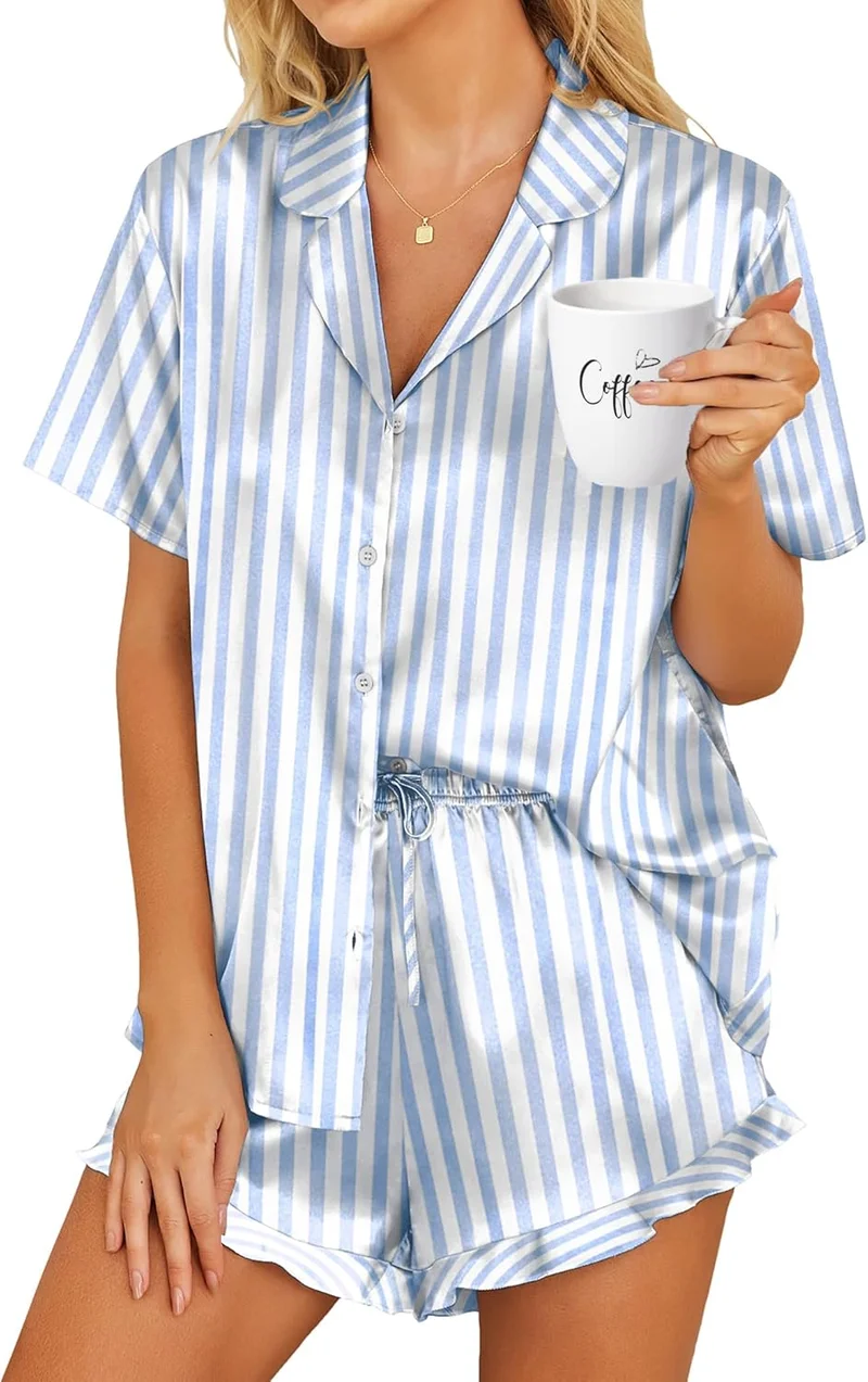 HOTOUCH Women's Silk Satin Pajama Set Blue Striped - Rank 4 in Best Silk Pajama of 2025