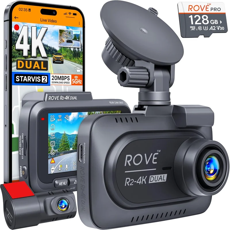 ROVE R2-4K Dual Dash Cam with 128GB Card - Rank 1 in Best Car Camera of 2025